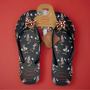Disney Parks Flip Flops by Havaianas Minnie Mouse Bow Black 9/10 New With Tags